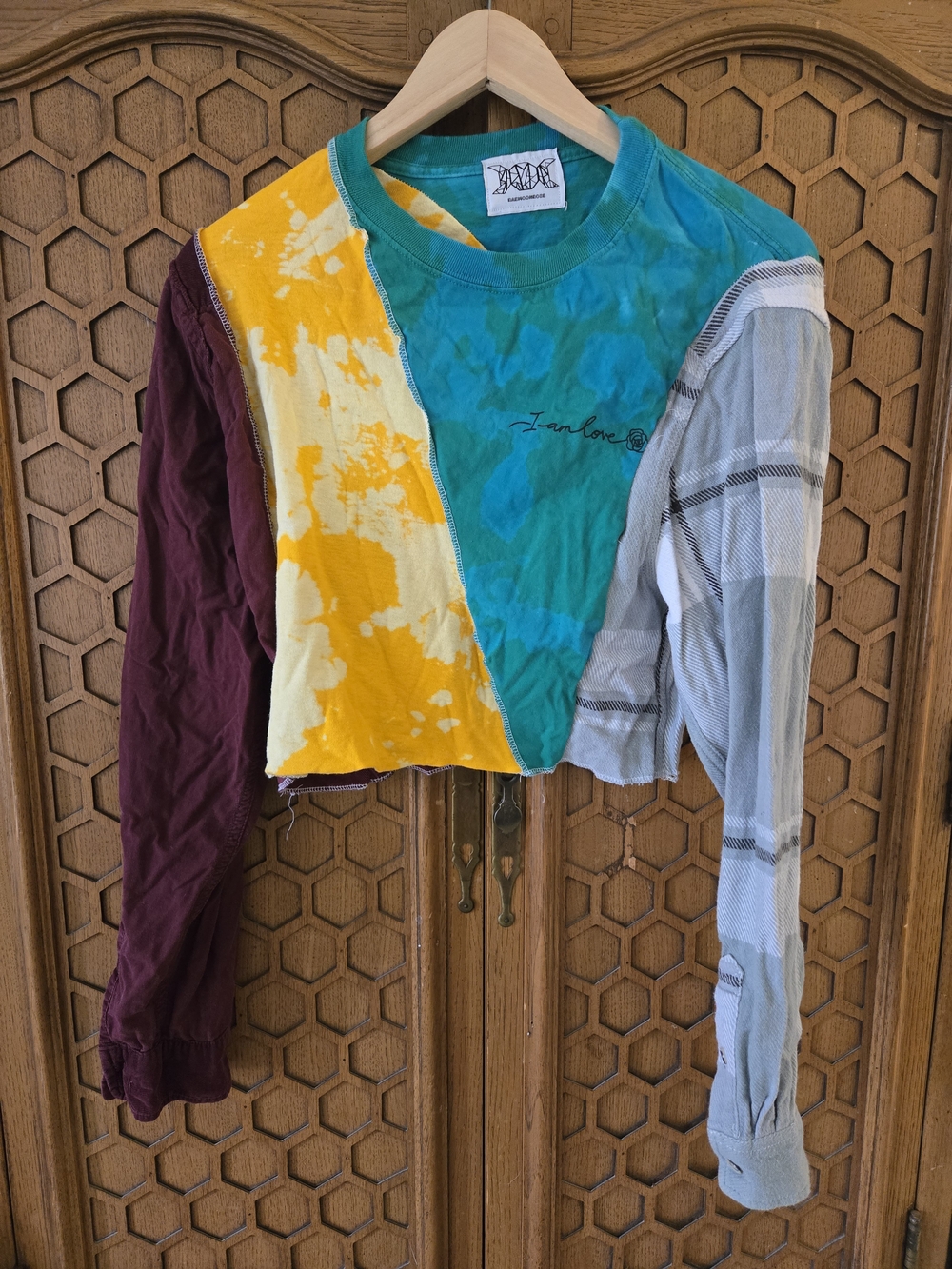 Upcycled Colorblock Cropped Long-Sleeve Top - Teal, Yellow, Burgundy, Gray